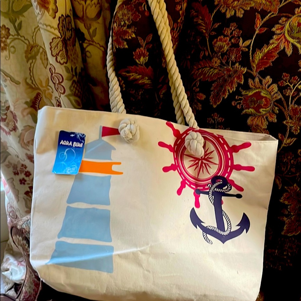 AQUA BLUE Light Beige Nautical Canvas Tote